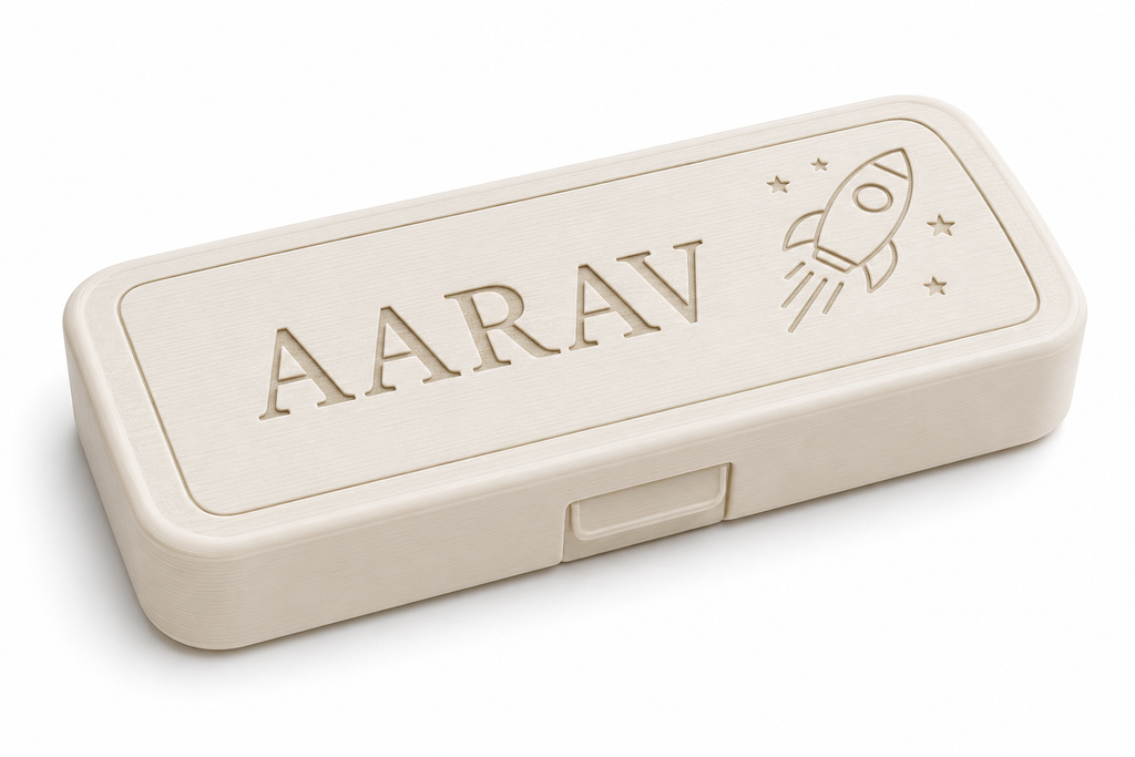 Cream personalised 3D-printed pencil box with the name Aarav, closed studio view