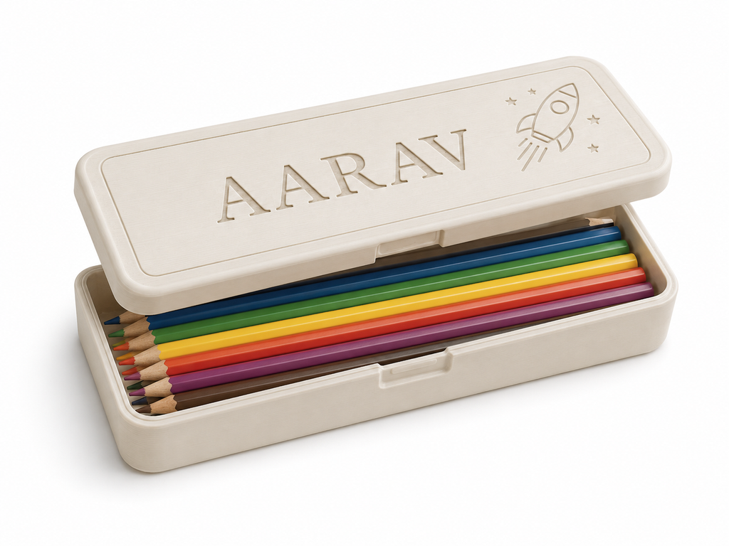 Open cream personalised Aarav pencil box containing coloured pencils