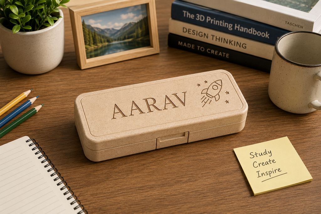 Personalised cream 3D printed pencil box engraved AARAV with rocket motif on a warm study desk