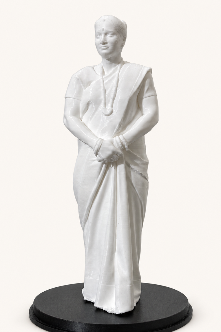 Natural white personalised full-length sari portrait sculpture on a studio background