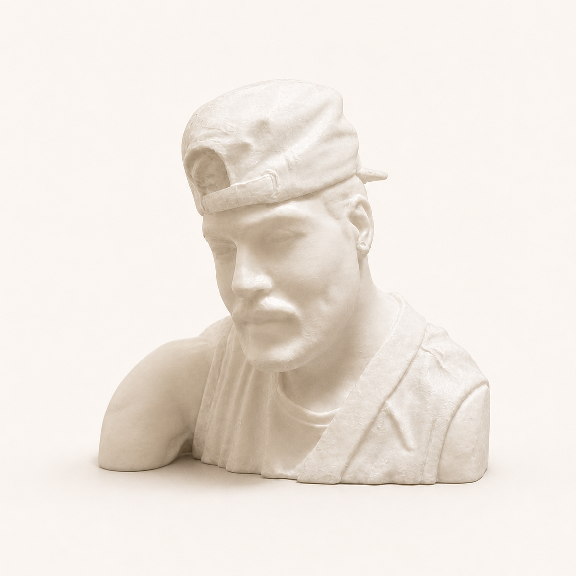 Natural white personalised 3D portrait bust with backwards cap